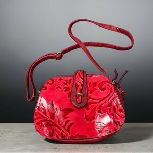 M.C. Marc Chantal Red Tooled Leather Vintage Floral Embossed Crossbody Bag